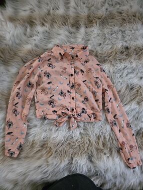 Forever 21 Peach Printed Tie-Waist Button Down Shirt